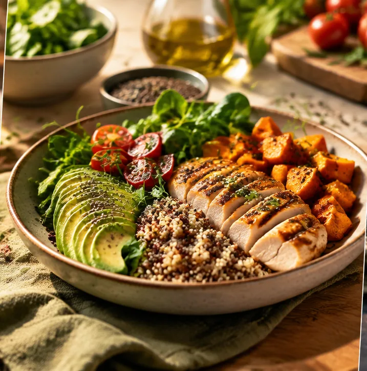 Refeição equilibrada com alimentos variados